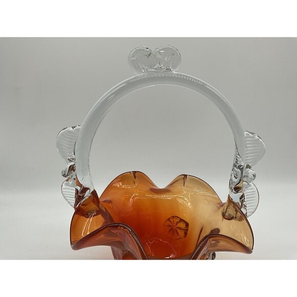 Vintage Hungarian Art Glass Burnt Orange And Clear 10 Inch Basket Collectible - Picture 11 of 16